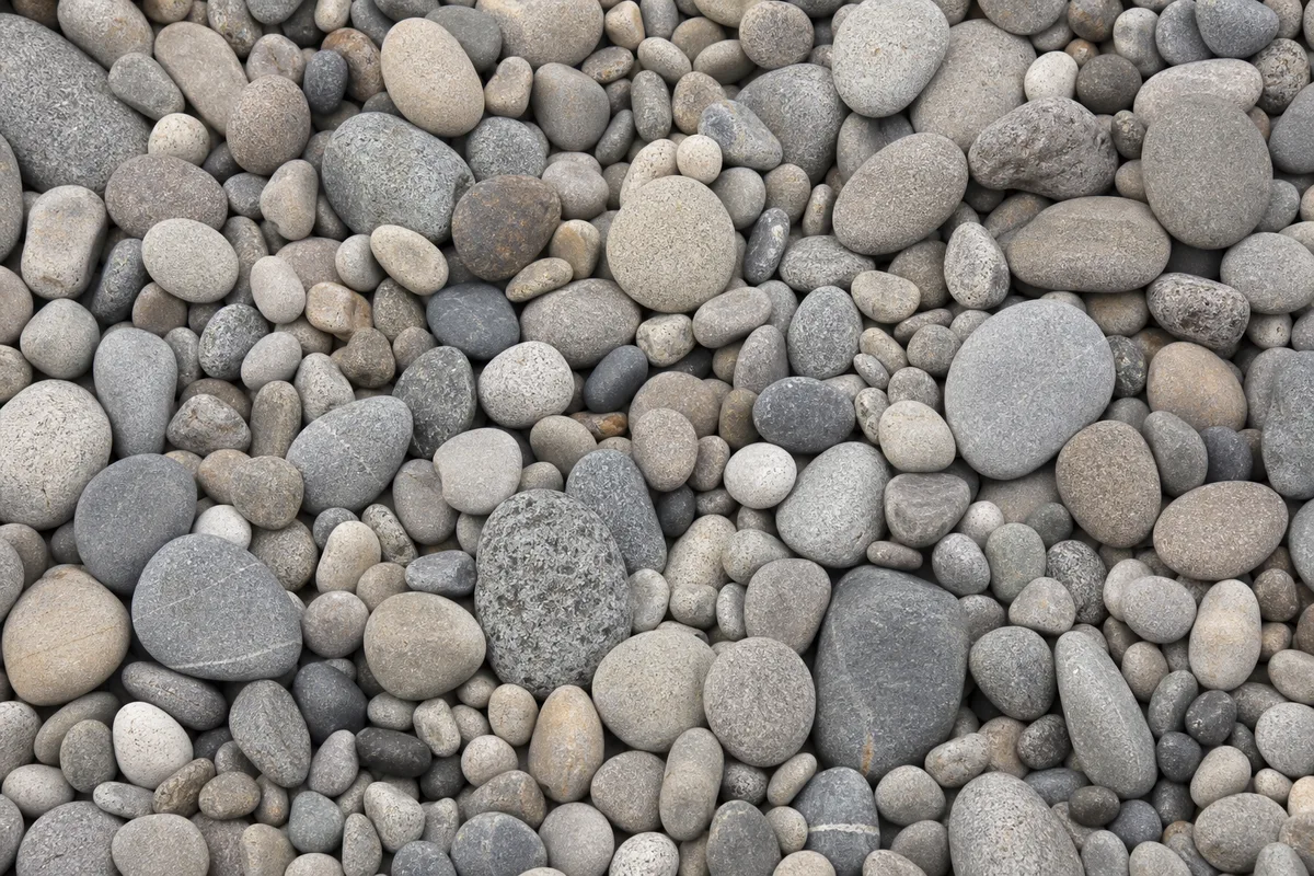 Galets gris de tailles très différentes serrés les uns contre les autres, texture naturelle vue de près