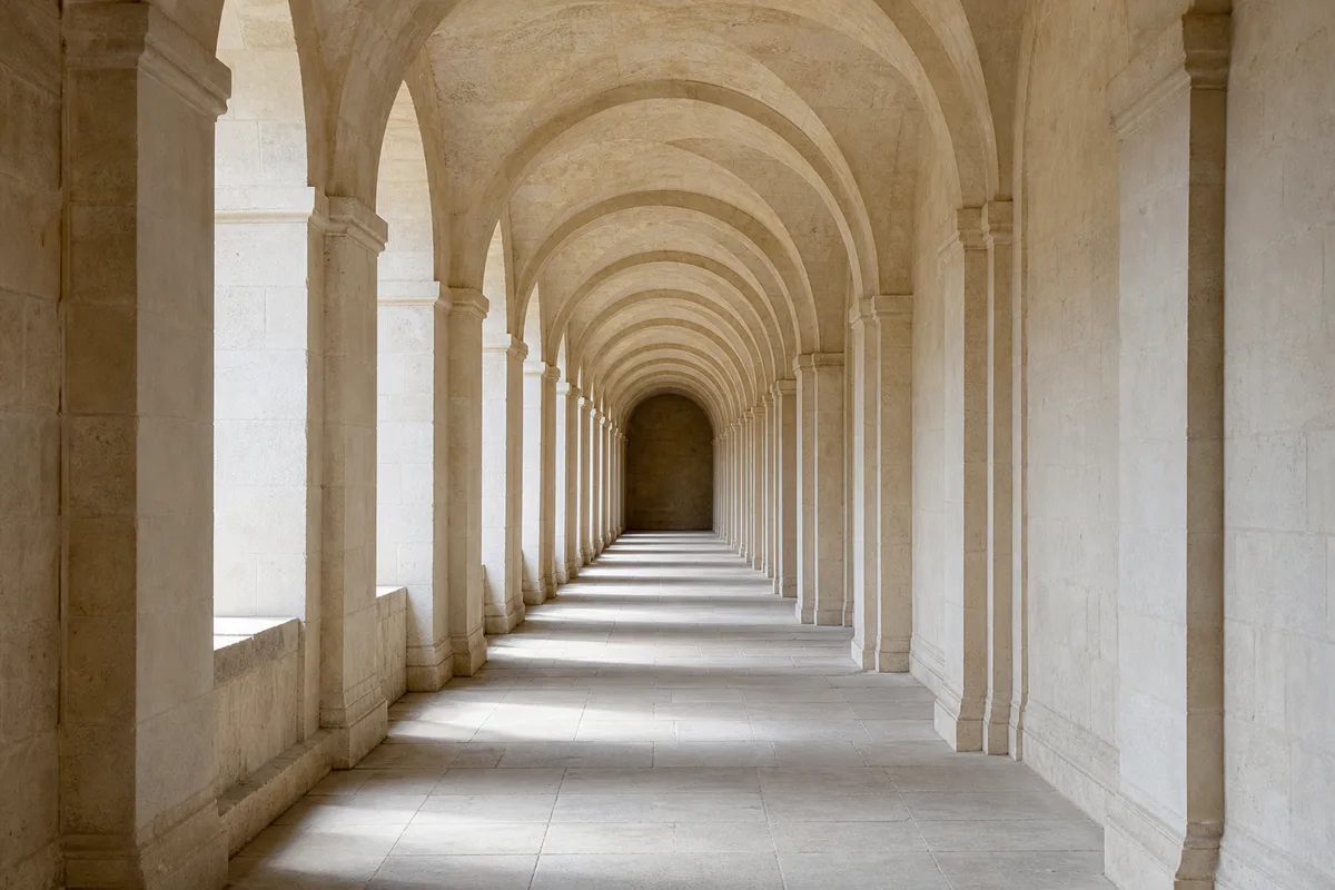 Alignement d’arches en pierre claire d’un cloître vide, perspective fuyante et lumière matinale