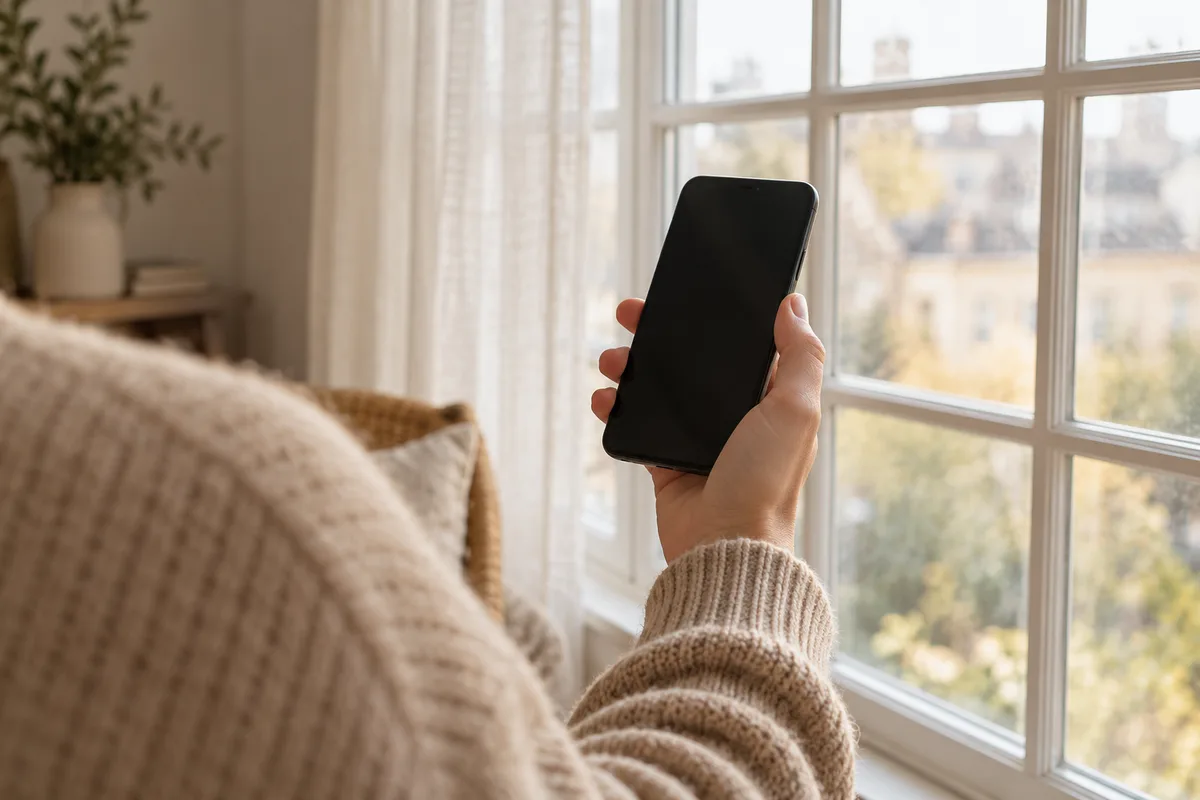 Main tenant un téléphone portable à l’écran éteint près d’une fenêtre, vue de dos