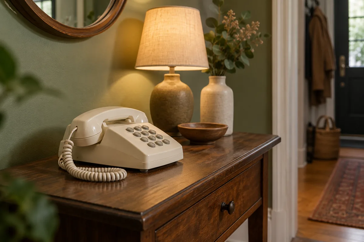 Téléphone fixe de salon posé sur une console en bois, combiné raccroché