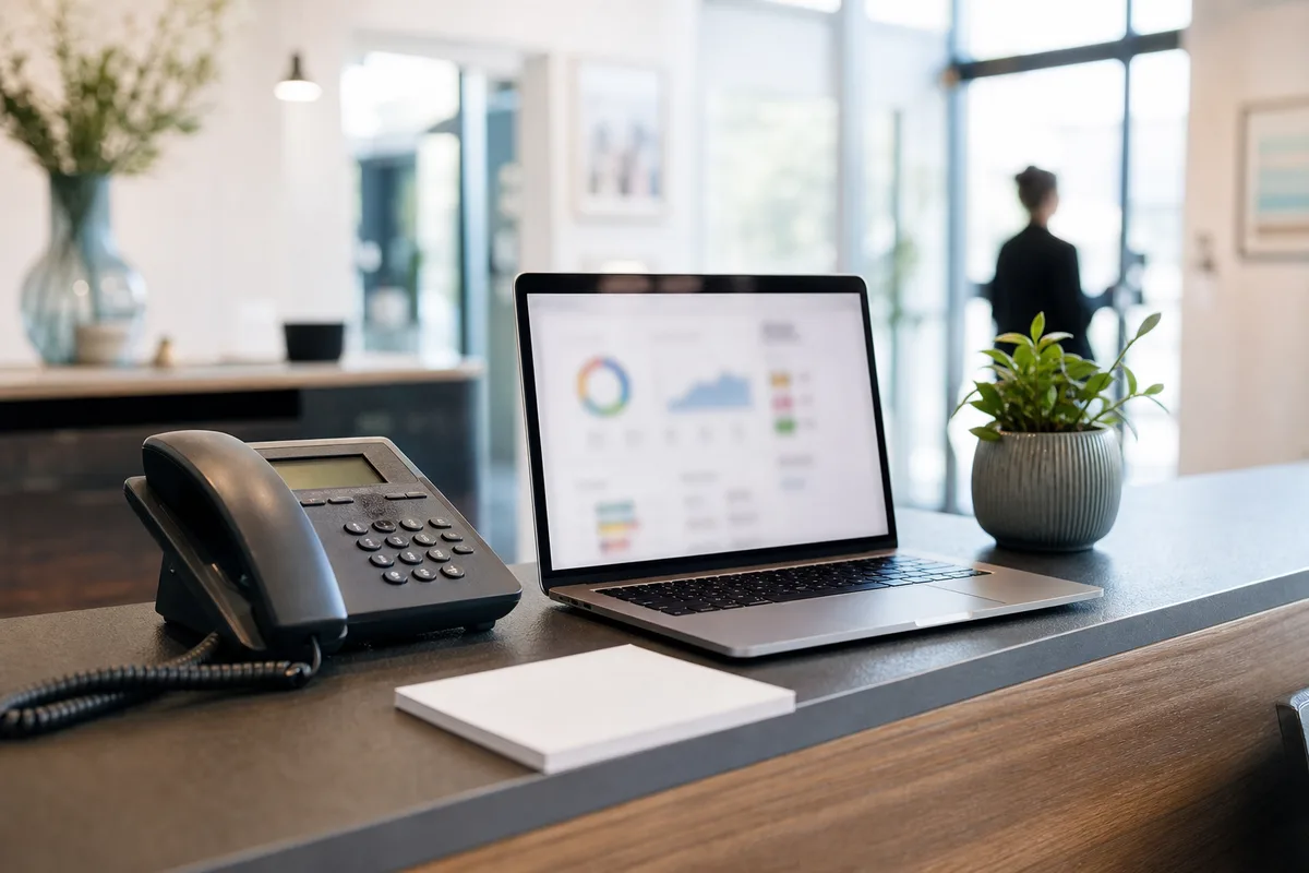 Standardiste consultant un écran d’espace client d’opérateur dans un petit bureau lumineux