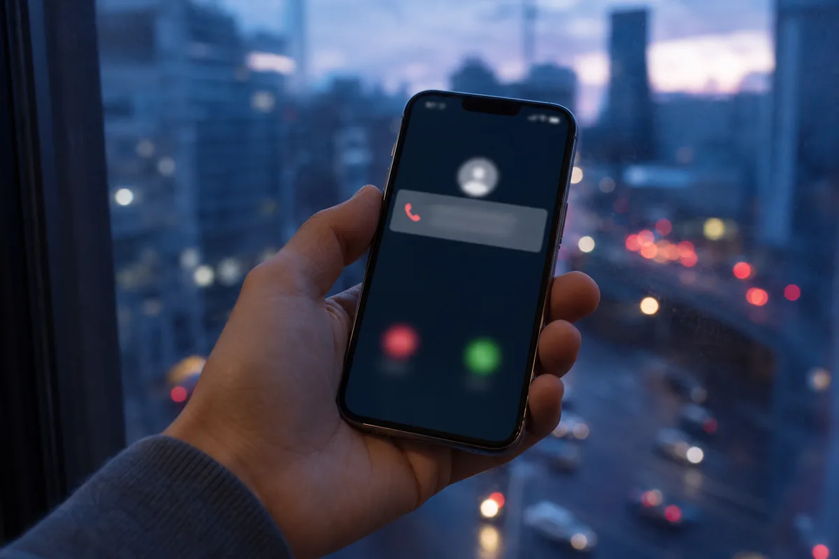 Notification d’appel manqué provenant d’un numéro inconnu sur un écran de smartphone posé près d’une fenêtre