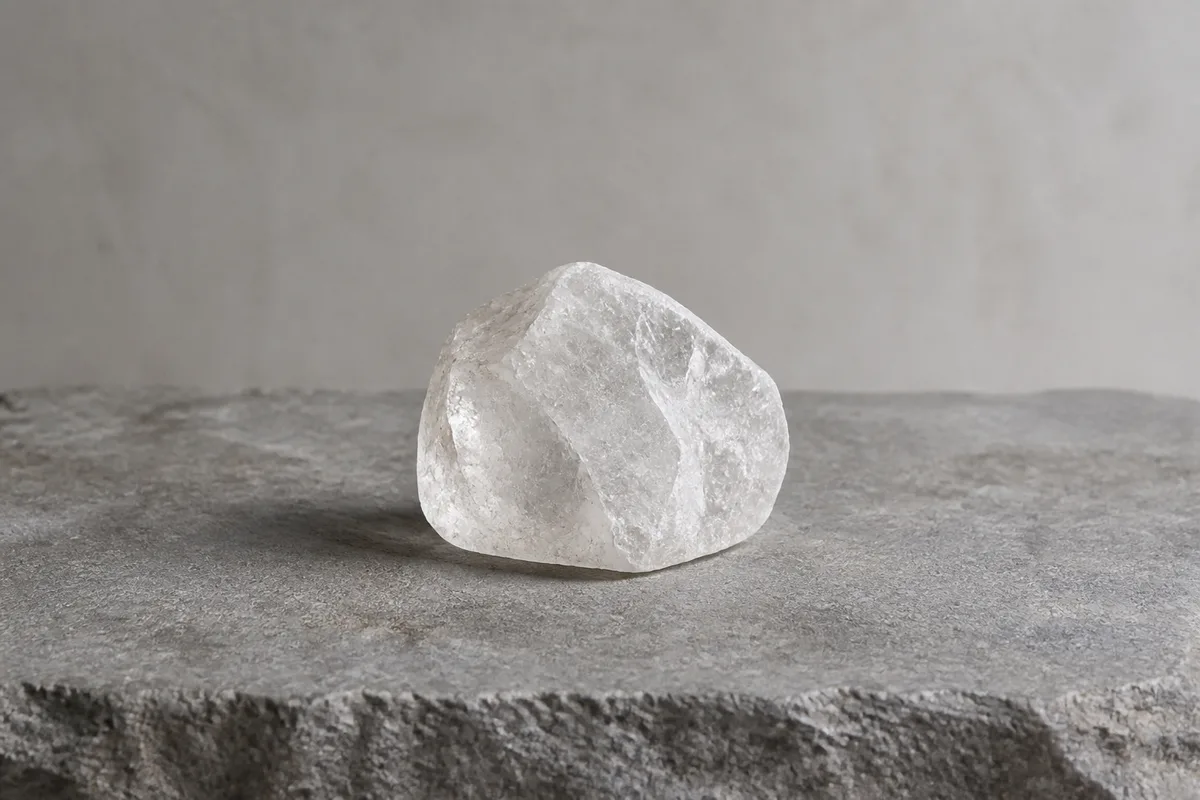 Bloc de quartz translucide posé sur une dalle de pierre brute devant un fond neutre