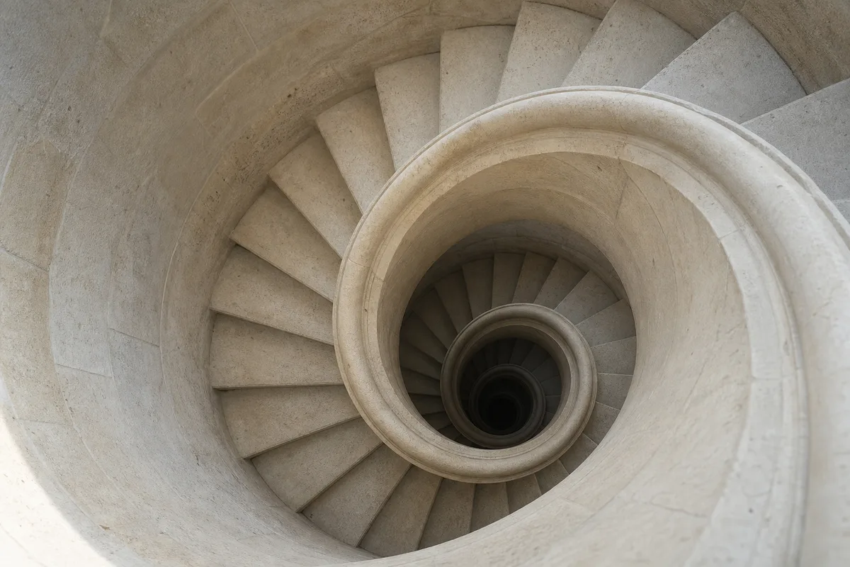 Escalier de pierre en colimaçon vu du dessus, marches claires et rampe lisse