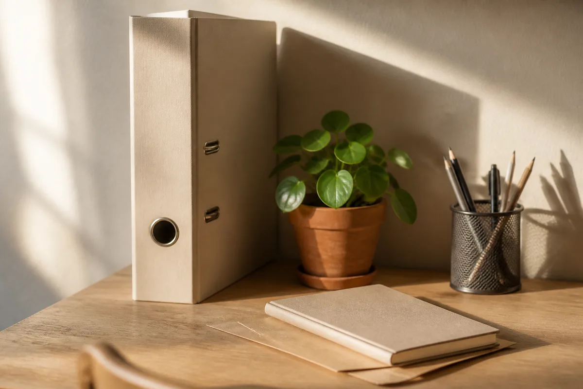 Table de réunion claire avec carnet ouvert et ordinateur portable fermé