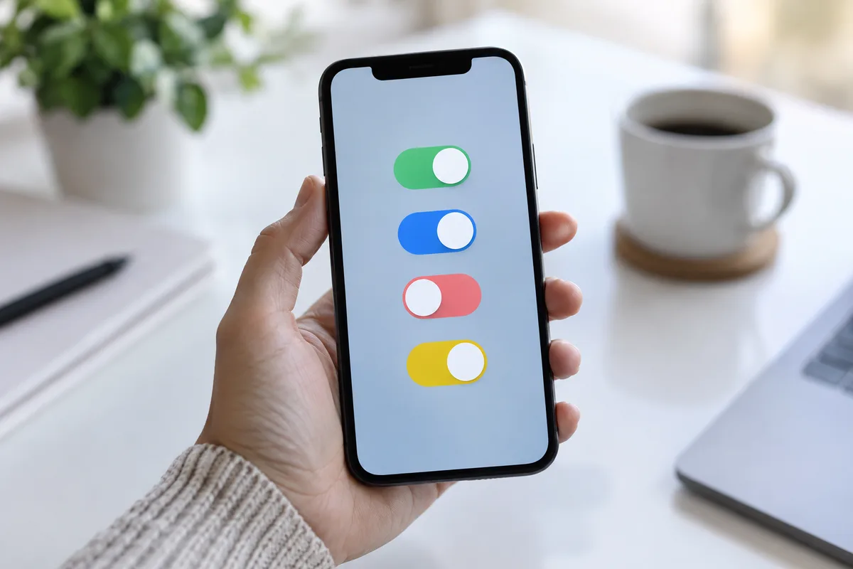 Main tenant un smartphone dont l&rsquo;écran affiche un menu de réglages abstrait au-dessus d&rsquo;un bureau clair