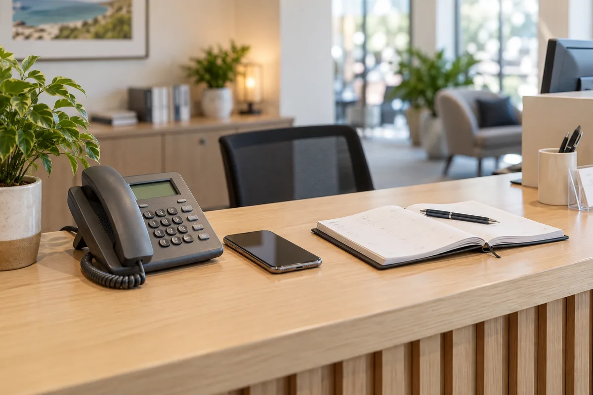 Téléphone de bureau posé à côté d&rsquo;un smartphone et d&rsquo;un agenda ouvert sur un bureau d&rsquo;accueil