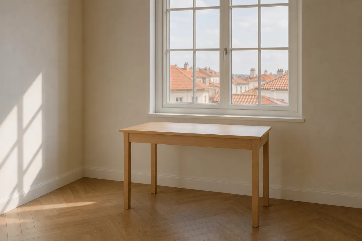 Bureau en bois clair au plateau nu devant une fenêtre ouverte sur des toits de tuiles