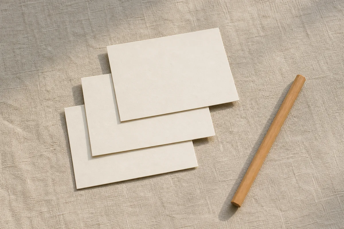 Trois fiches bristol vierges et un crayon de bois posés sur une nappe de lin écrue