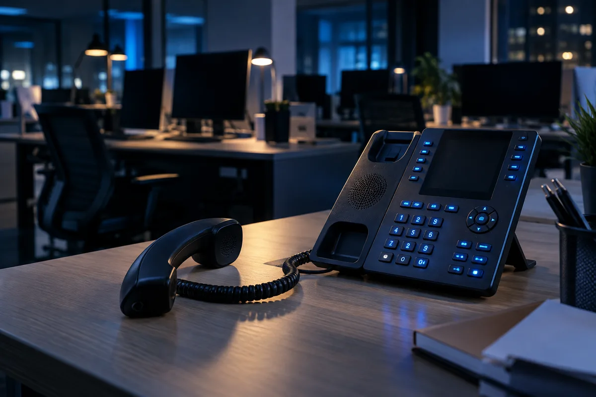 Standard téléphonique de bureau avec combiné posé sur un poste IP à touches rétroéclairées dans un open space vide