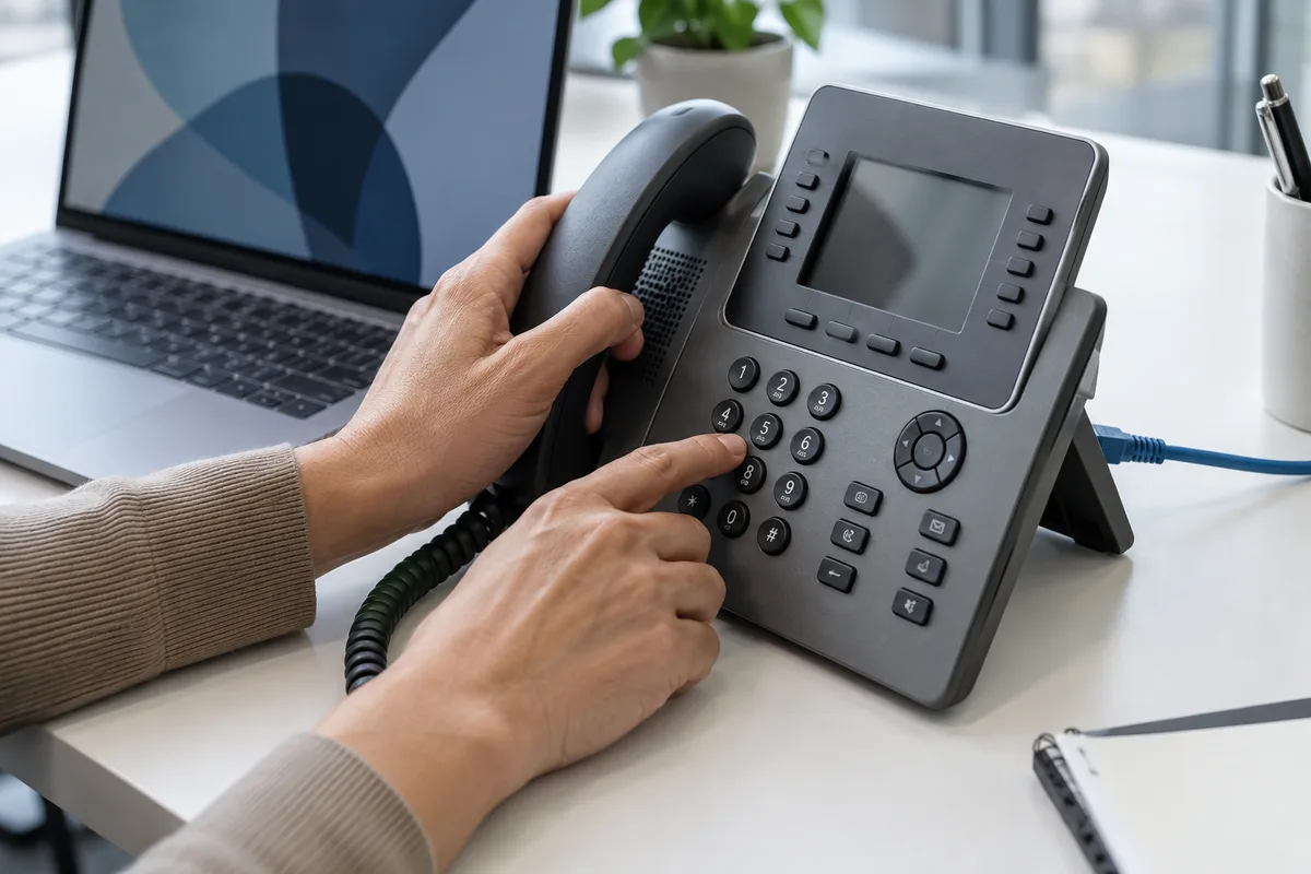 Mains d&rsquo;une personne paramétrant un poste téléphonique IP sur un bureau clair à côté d&rsquo;un ordinateur portable