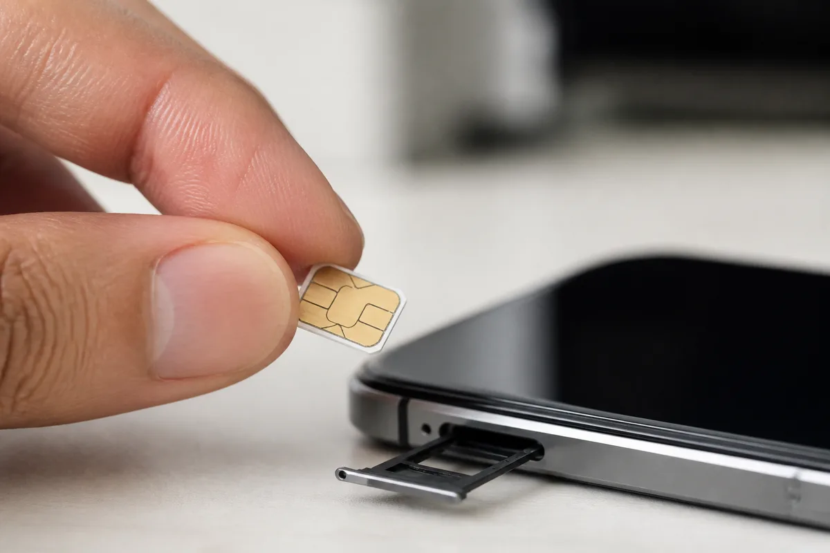 Main tenant une carte SIM au-dessus du tiroir ouvert d&rsquo;un smartphone posé sur un bureau clair