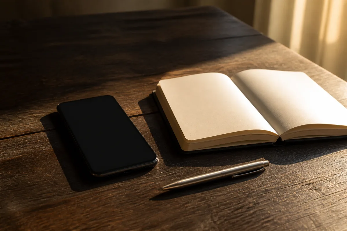 Écran de smartphone éteint posé sur une table en bois près d&rsquo;un carnet ouvert et d&rsquo;un stylo, lumière douce de fin de journée