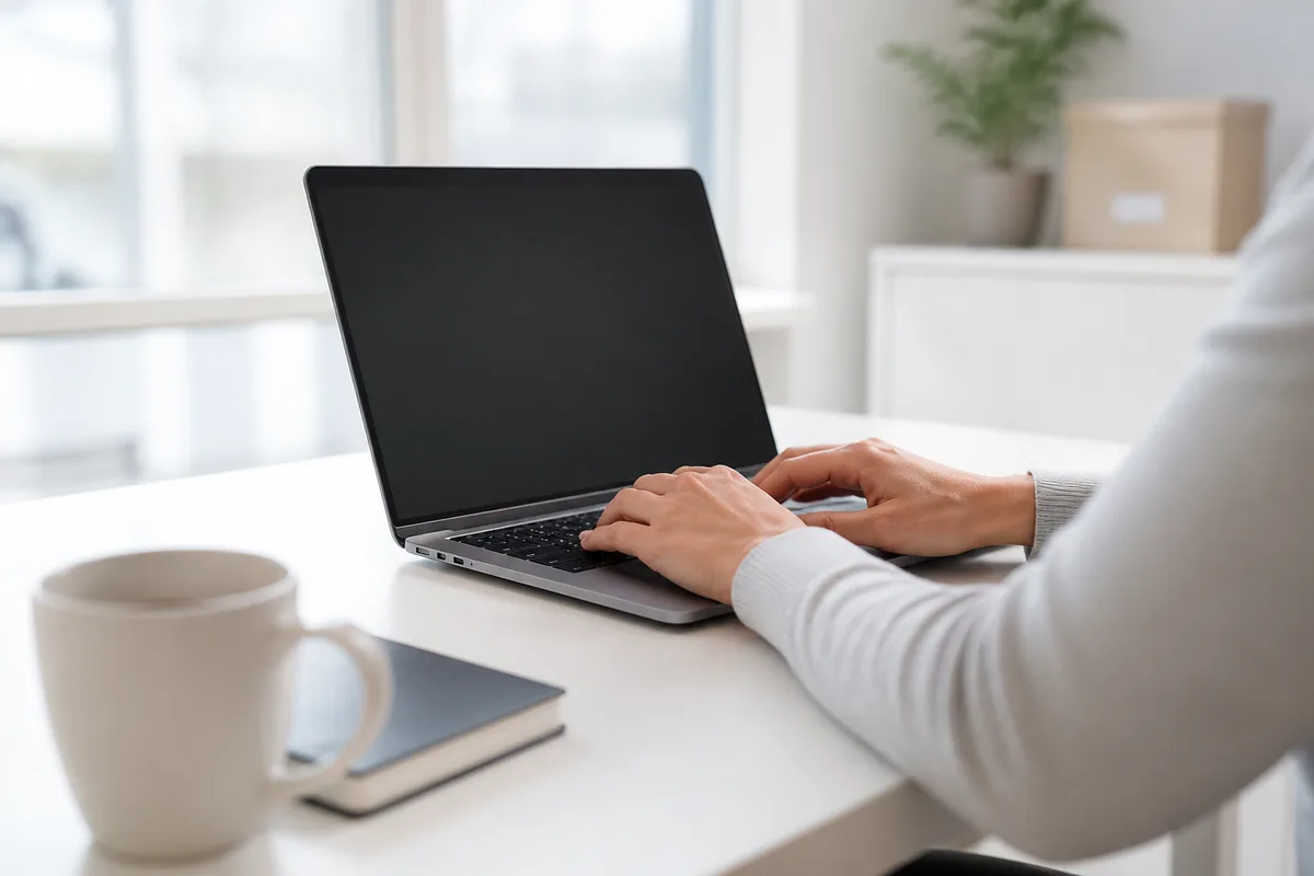 Mains posées sur le clavier d&rsquo;un ordinateur portable dans un bureau clair, tasse et carnet à proximité