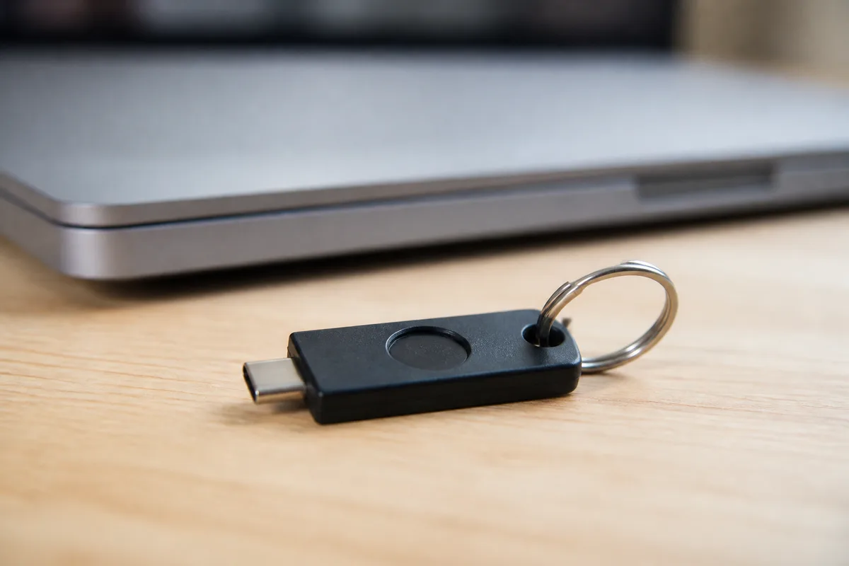 Petite clé de sécurité physique posée près d&rsquo;un ordinateur portable fermé sur un plan de travail en bois, lumière naturelle latérale