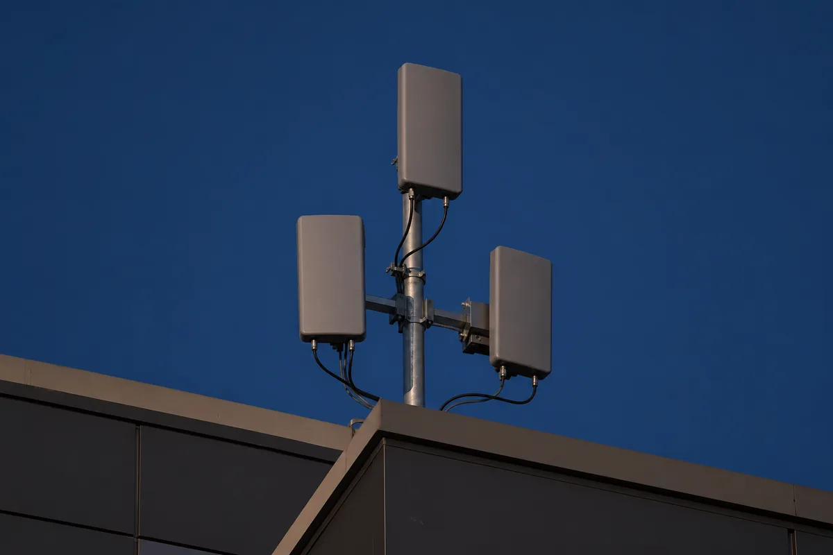 Petites antennes panneaux fixées sur un toit d’immeuble au crépuscule