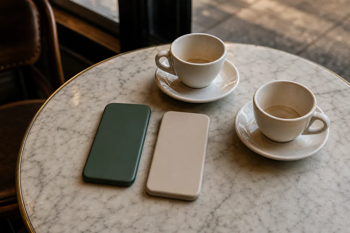 Deux téléphones à coque anonyme retournés côte à côte sur une table de bistrot