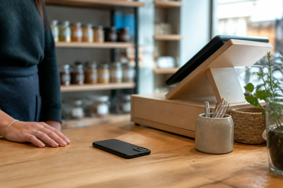 Comptoir de boutique française avec un smartphone à l&rsquo;écran éteint posé près d&rsquo;une caisse en bois clair
