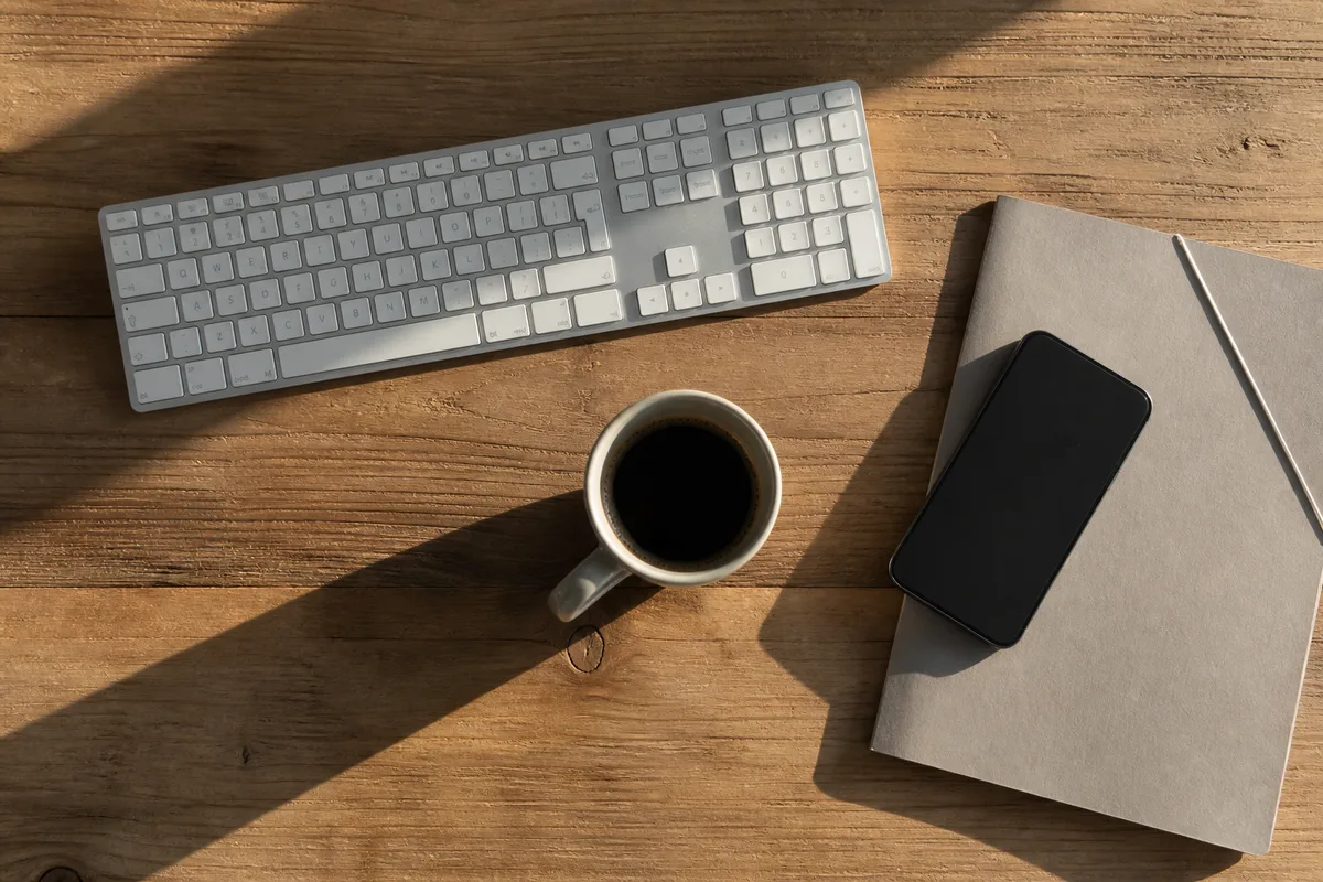 Poste de travail vu de haut avec clavier, tasse et téléphone mobile posé de biais, écran orienté à l&rsquo;opposé de l&rsquo;objectif
