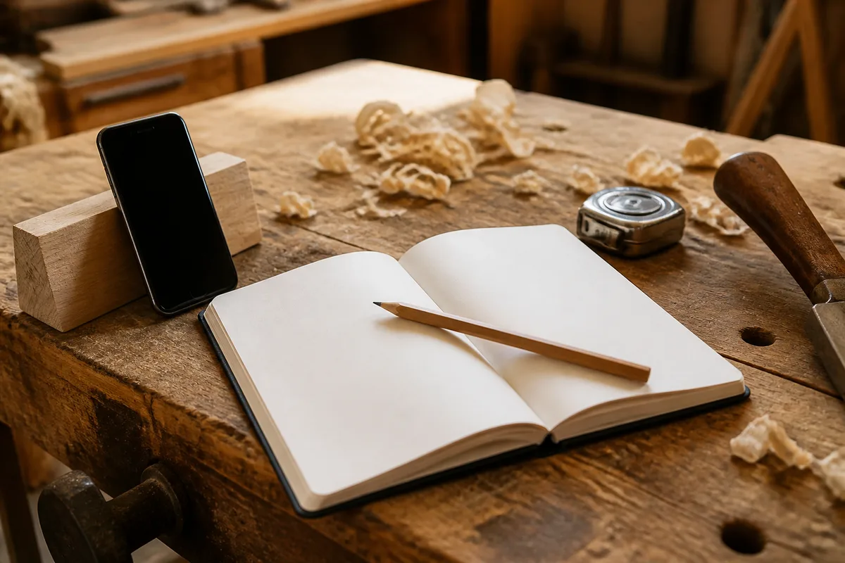 Carnet ouvert avec crayon et téléphone mobile à l&rsquo;écran éteint sur un établi d&rsquo;artisan français, copeaux de bois et lumière chaude
