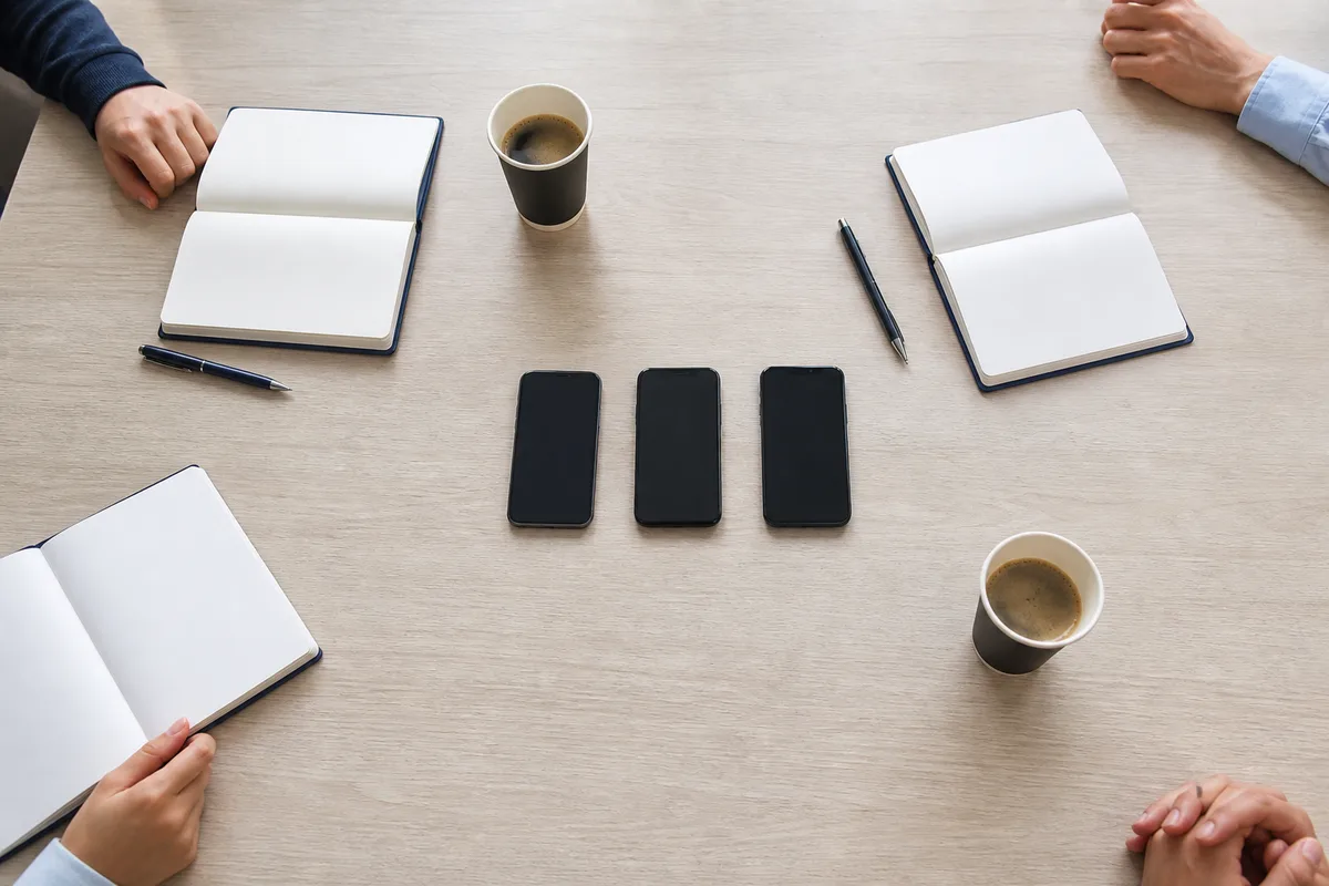 Table de réunion vue en plongée avec trois smartphones aux écrans éteints, gobelets de café et blocs-notes vierges