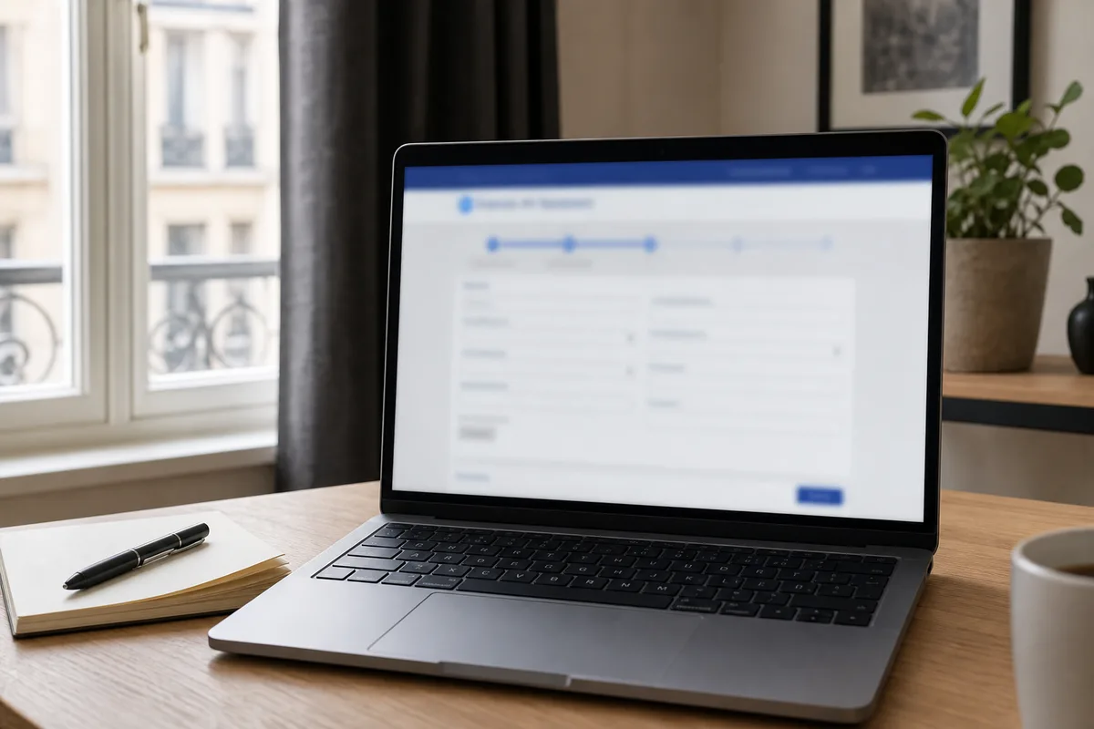 Ordinateur portable ouvert sur un bureau français avec un formulaire administratif en ligne